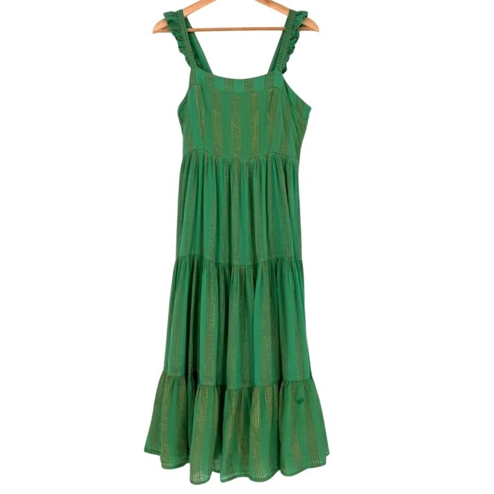 Oliphant‎ Green Gold Metallic Block Print Tiered Cotton Gauze Dress Medium